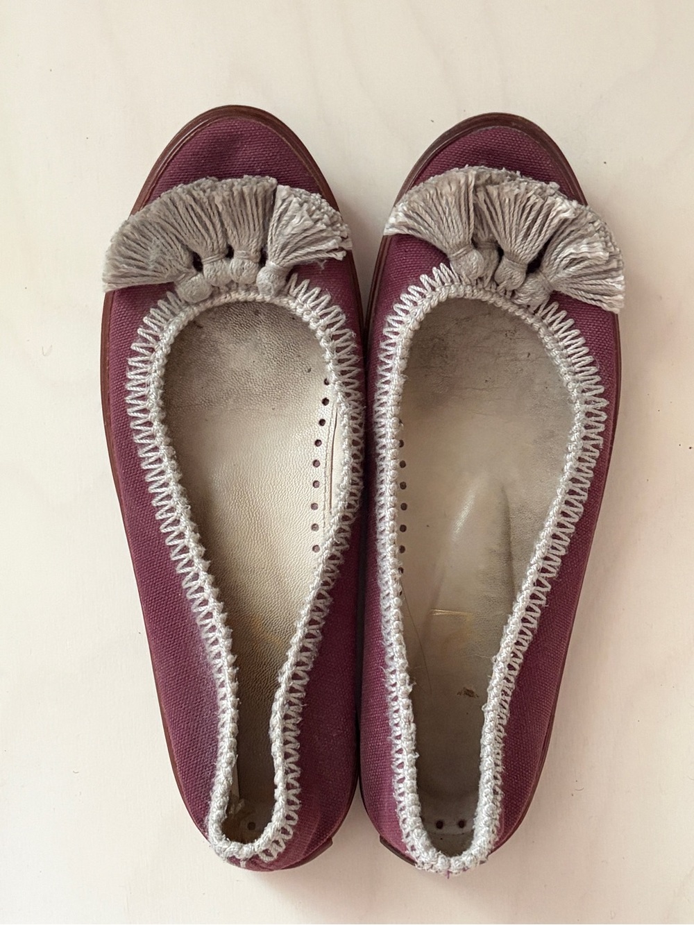 Saint Laurent Burgundy Ballet Flats with Beige Tassel Trim